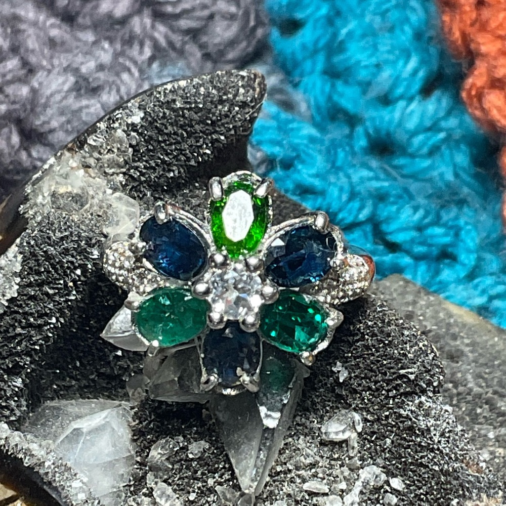 Genuine Emerald Sapphires Sterling Silver Flower Cluster Ring